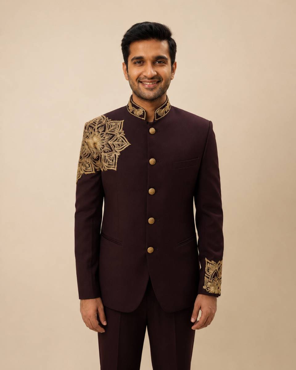 Men's Maroon Mandala Maggam Work Jodhpuri Suit with Pant | Premium Ethnic Wear
