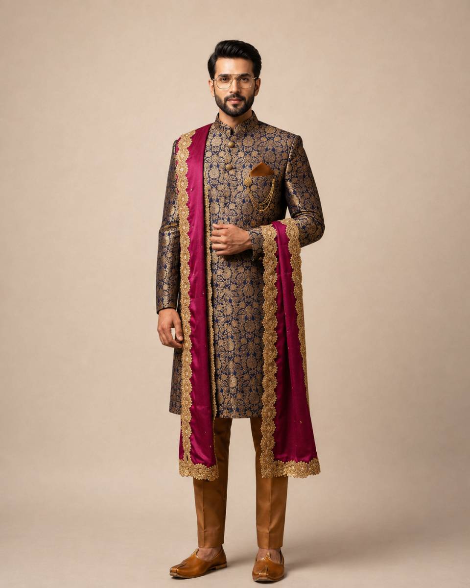 Men's Brocade Sherwani Set with Pant & Shawl | Premium Wedding Ethnic Wear