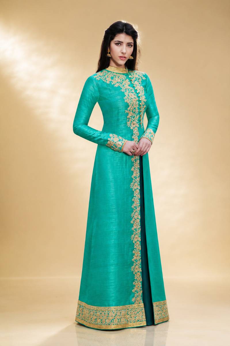 Teal High-Neck Straight Kurta with Gold Embroidery