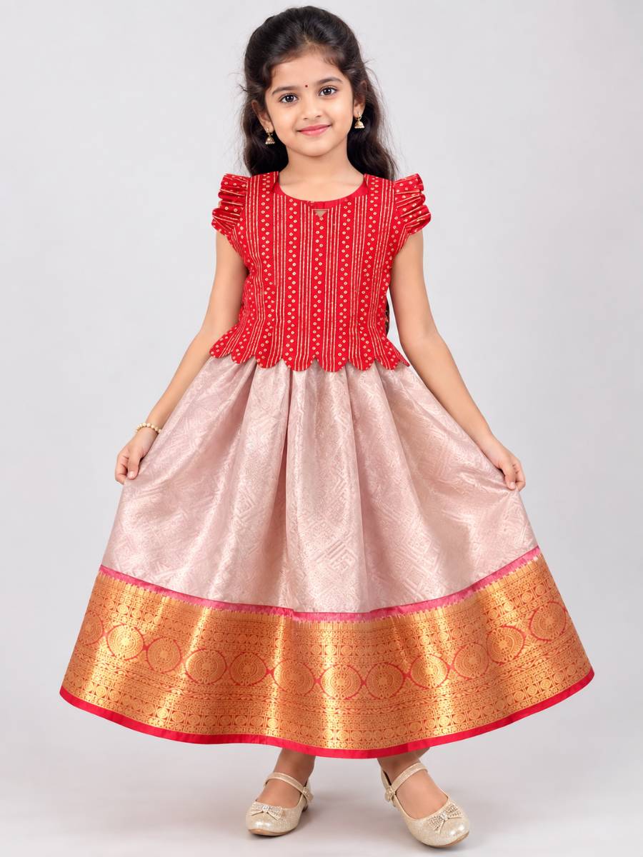 Silk Lehenga with Gold Zari Border and Ruffled Blouse, For Girl