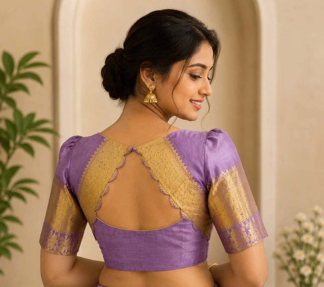 Regal Lavender Silk Blouse with Gold Zari Scalloped Open-Back Design