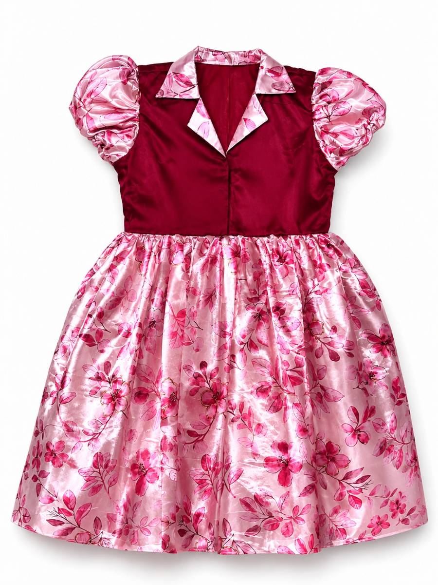Floral Satin Puff-Sleeve Collared Gown
