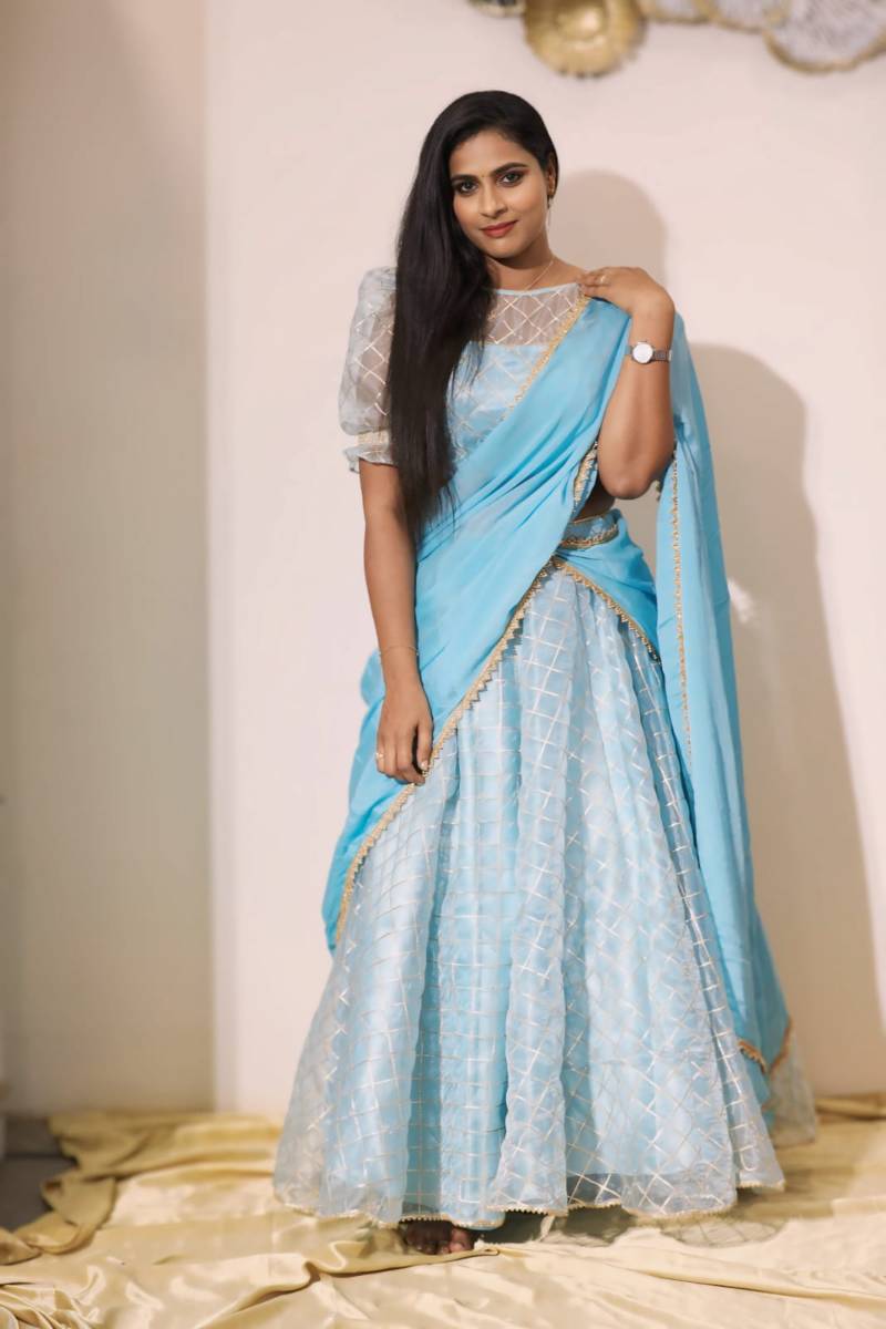  Checkered Organza Half Saree 