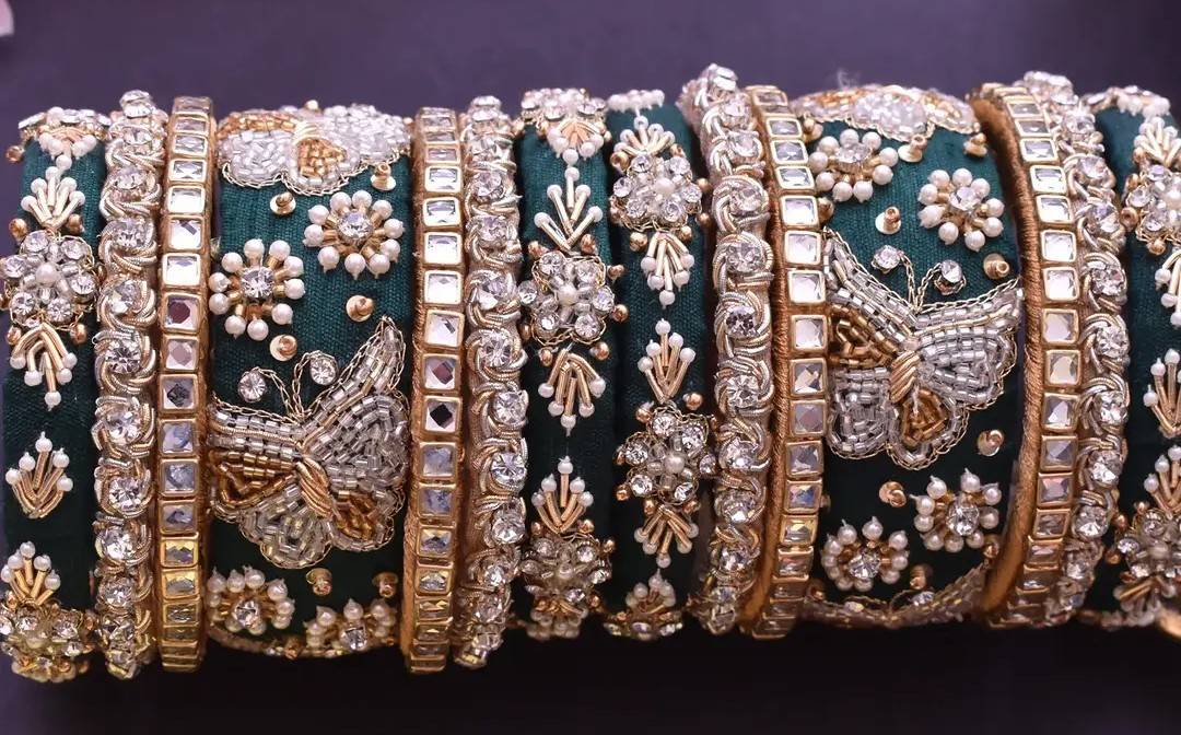 Emerald & Gold Zircon Studded Maggam Bangles Set