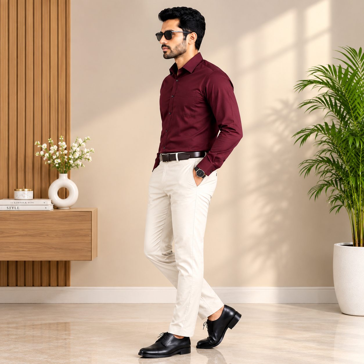 Classic Burgundy Formal Shirt and Cream Trouser Set