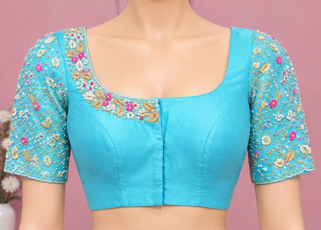 Turquoise Maggam Work Princess-Cut Blouse
