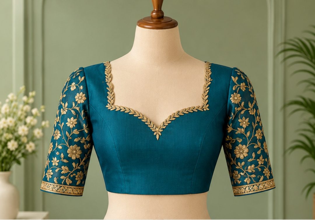 Teal Maggam Work Blouse with Sweetheart Neck