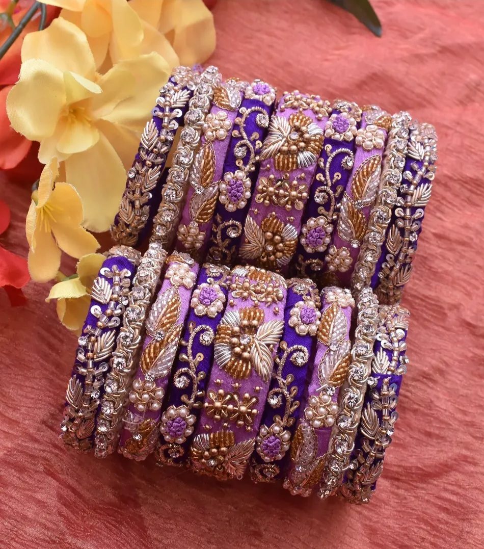 Ornate Purple Zardosi and Stone Work Bangles Set