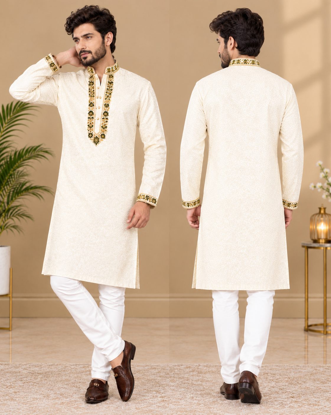  Placket Kurta Pant Set 